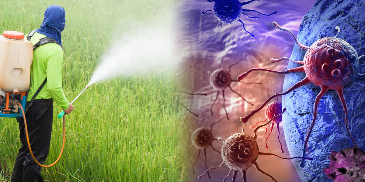 Farmer spraying pesticides and cancer cells