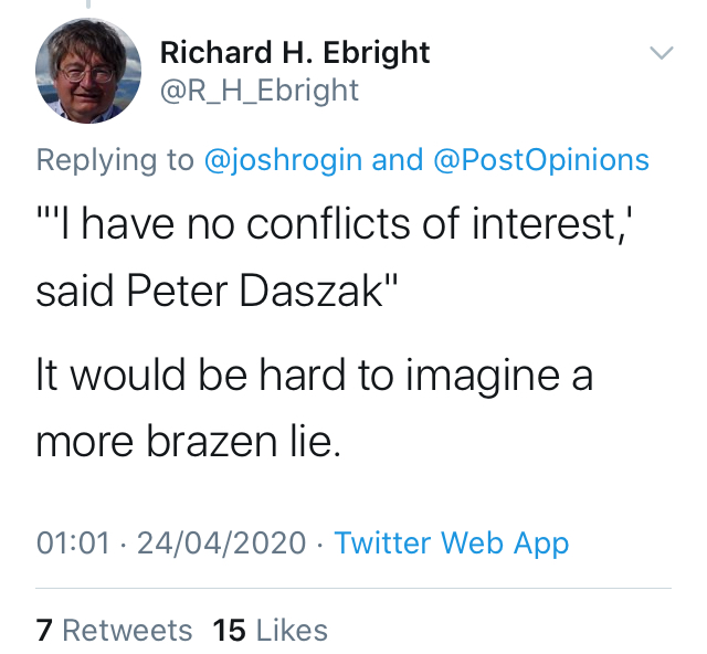 Daszak Tweet no conflicts