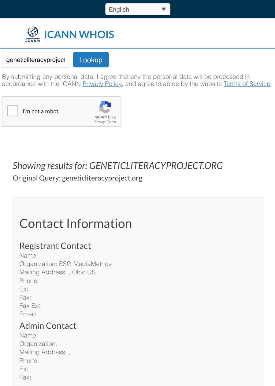 ICANN whois information for geneticliteracyproject.org