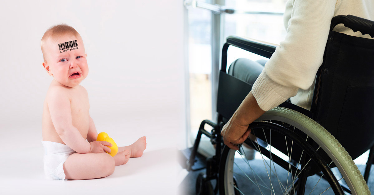 Baby with barcode and disabled older woman