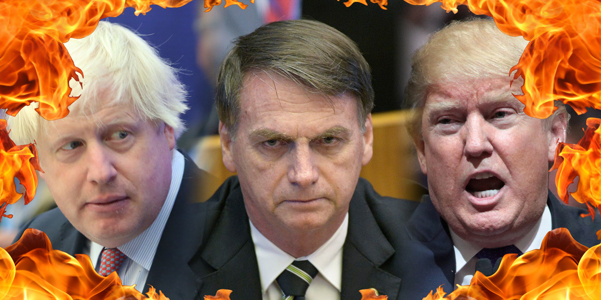 Boris Johnson, Bolsonaro, Donald Trump surrounded by fire