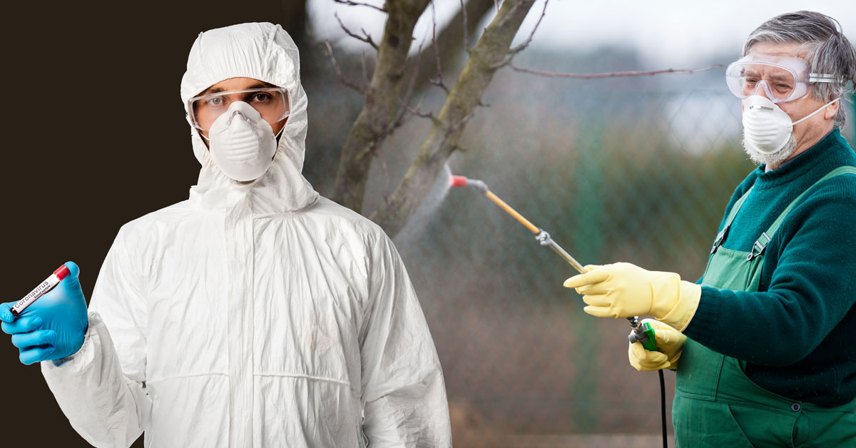 Coronavirus scientist and chemicals being sprayed the garden