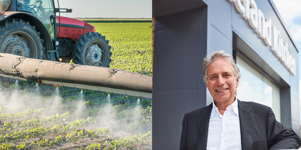 Crop spraying pesticides from tractor and Malcolm Walker
