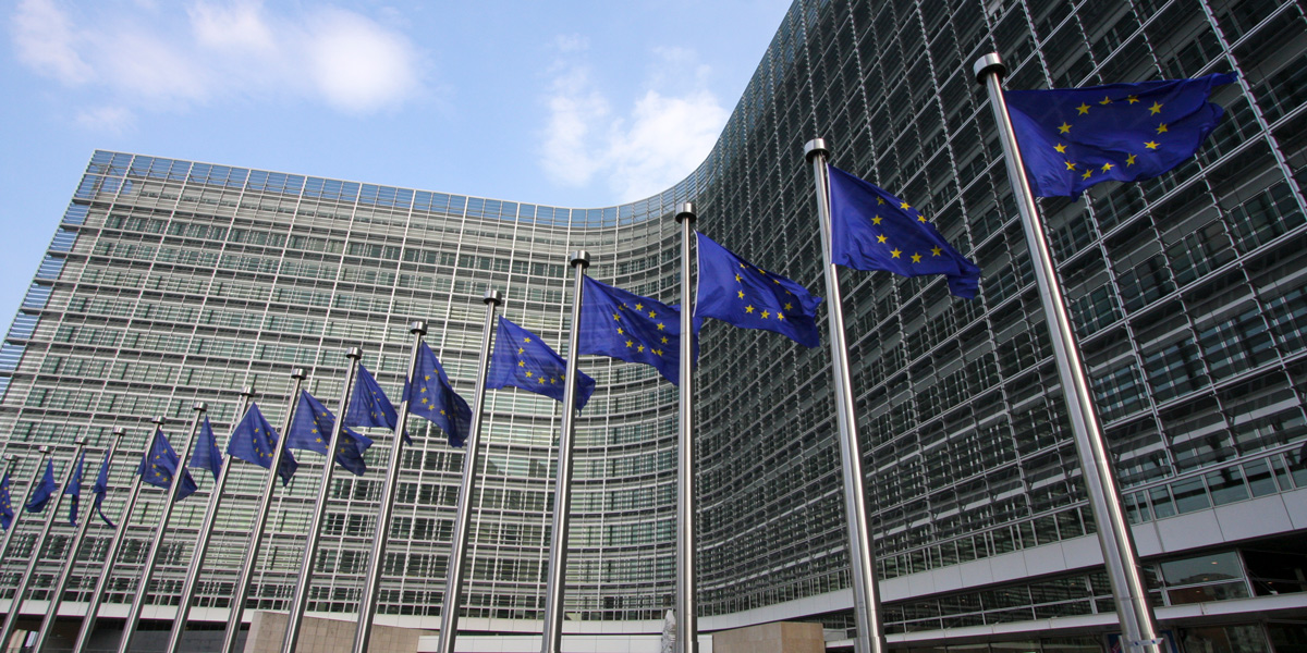 European Commission building with flags