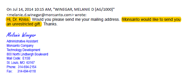 Andrew Kniss - unrestricted gift email from Monsanto